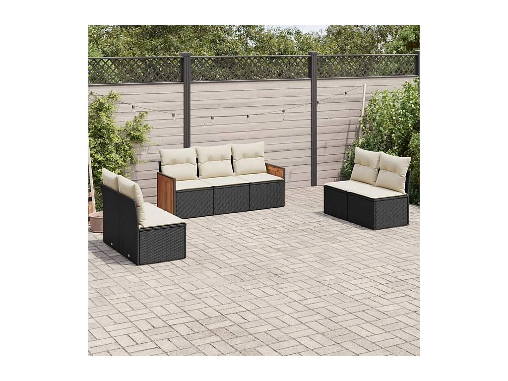 7-delige Loungeset met kussens poly rattan zwart