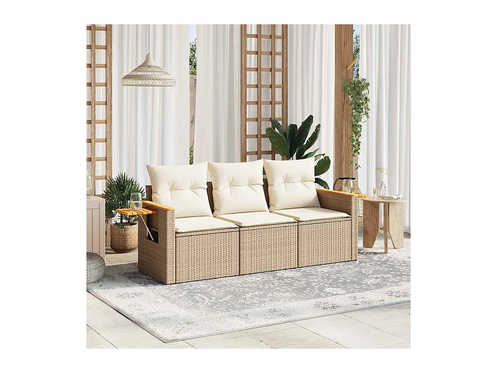 Set Divano da Giardino 3 pz con Cuscini Beige in Polyrattan
