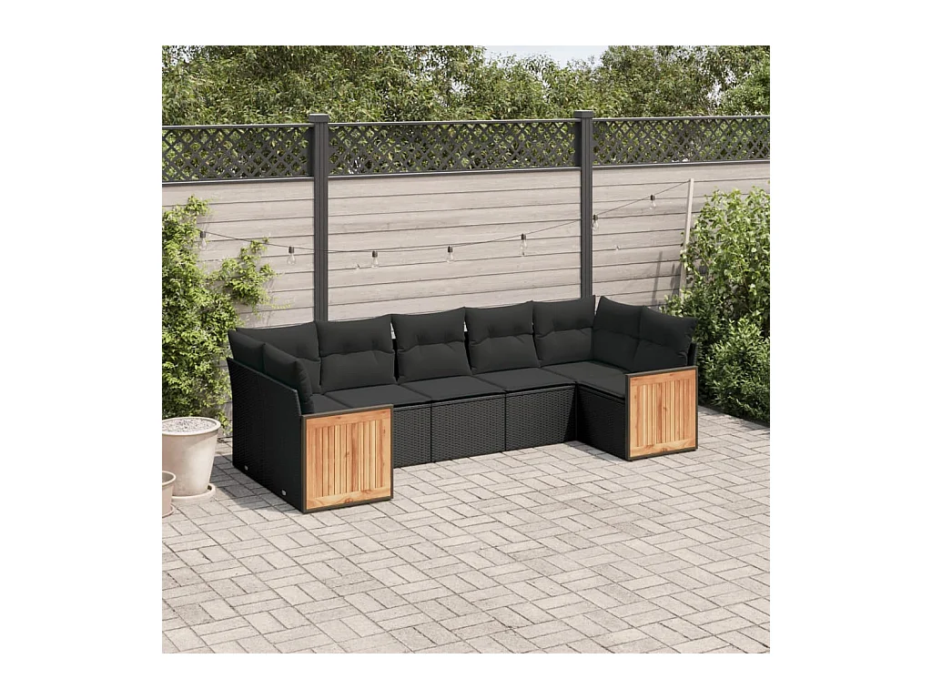 Salon de jardin 7 pcs avec coussins noir résine tressée