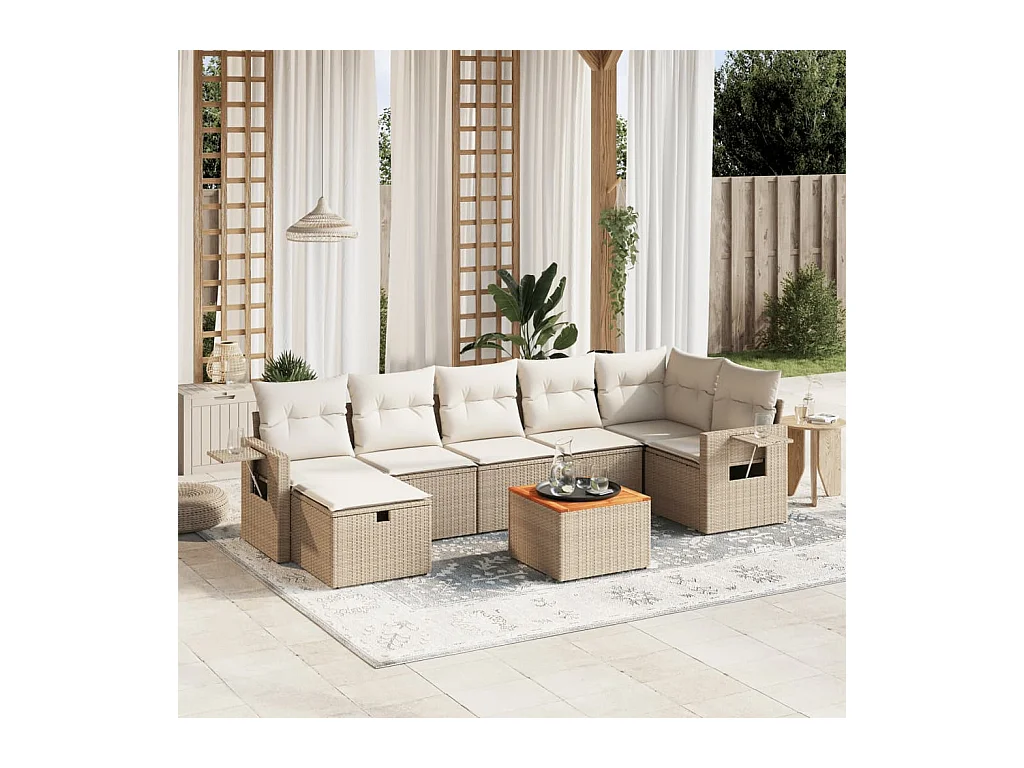 Salon de jardin avec coussins 8 pcs beige résine tressée