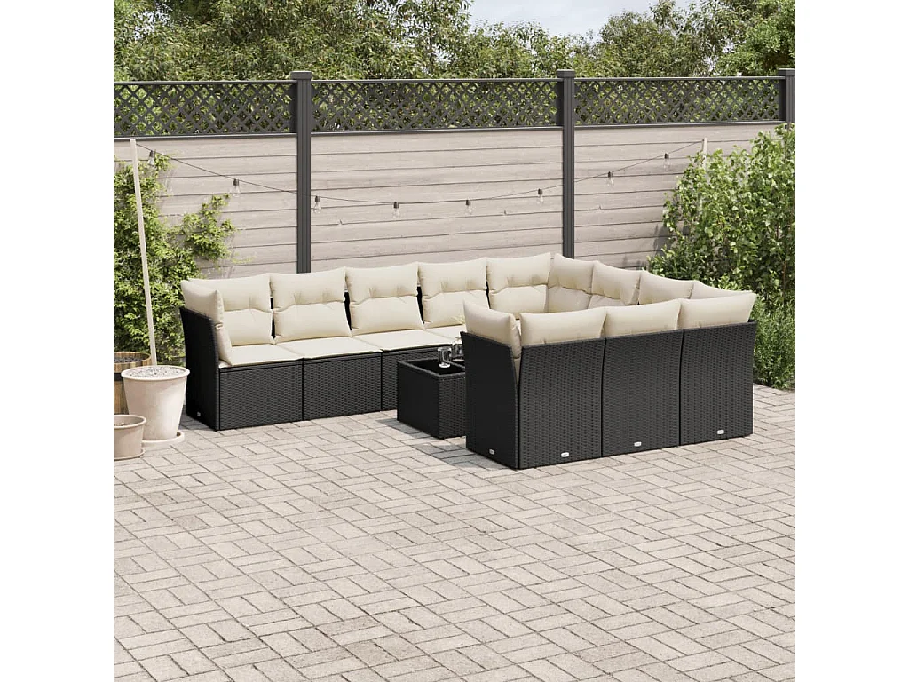 11-tlg. Garten-Sofagarnitur mit Kissen Schwarz Poly Rattan