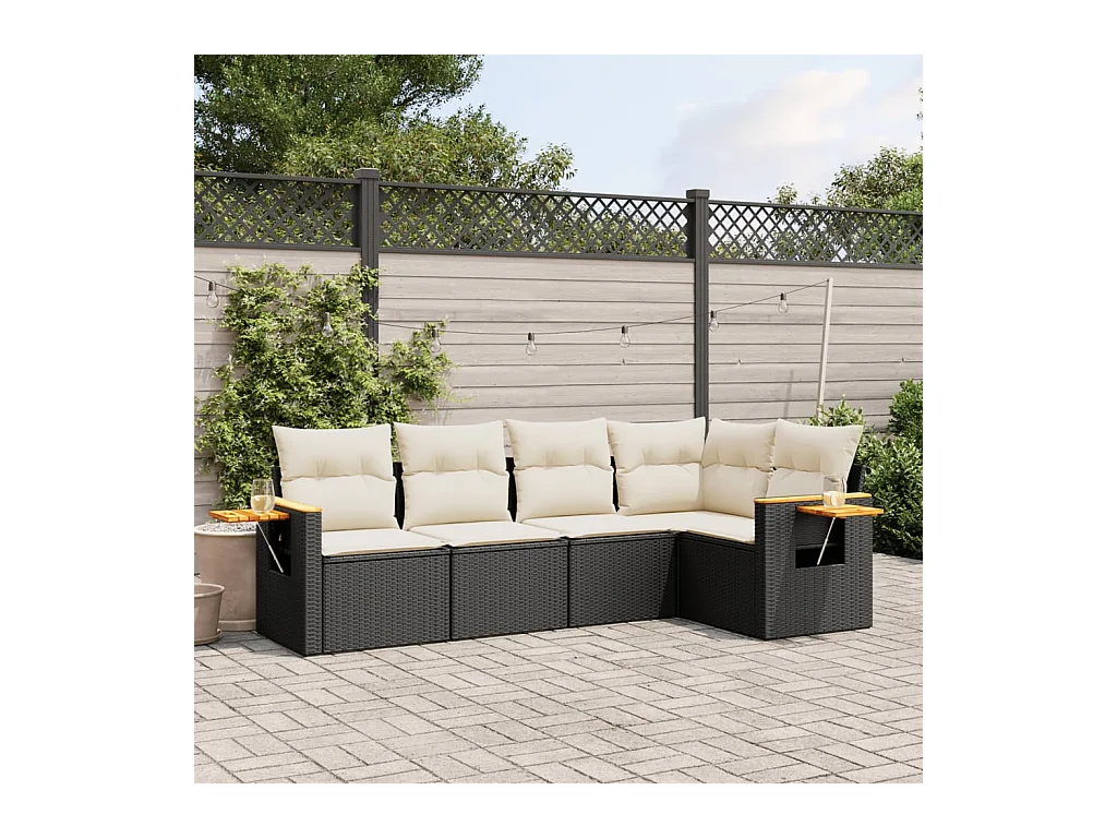Salon de jardin 5 pcs avec coussins noir résine tressée