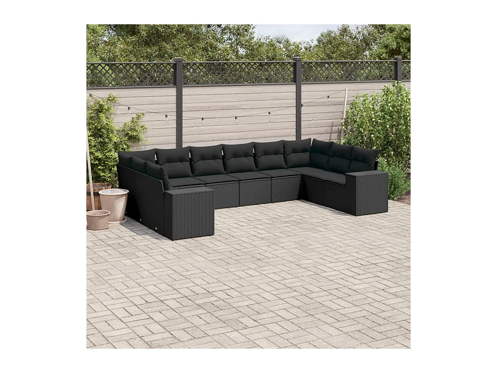 Salon de jardin 10 pcs avec coussins noir résine tressée
