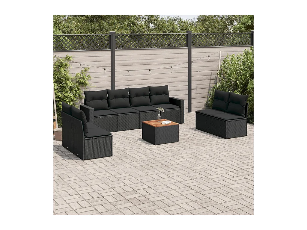 Set Divani da Giardino 9 pz con Cuscini Nero in Polyrattan