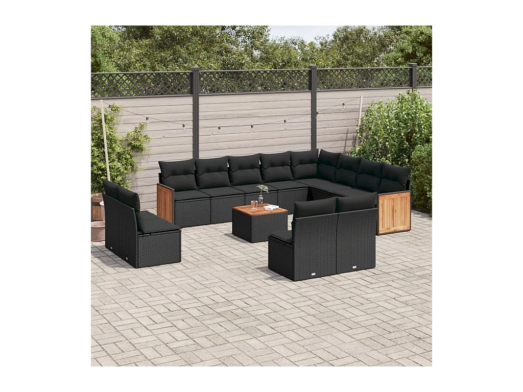 13-delige Loungeset met kussens poly rattan zwart
