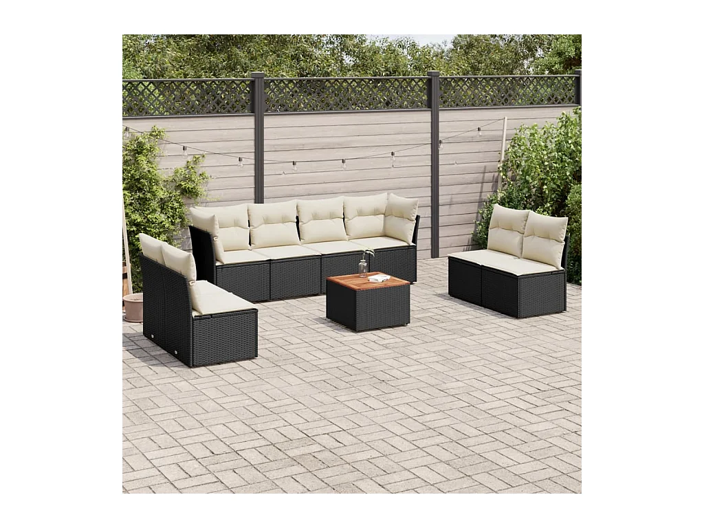 9-delige Loungeset met kussens poly rattan zwart