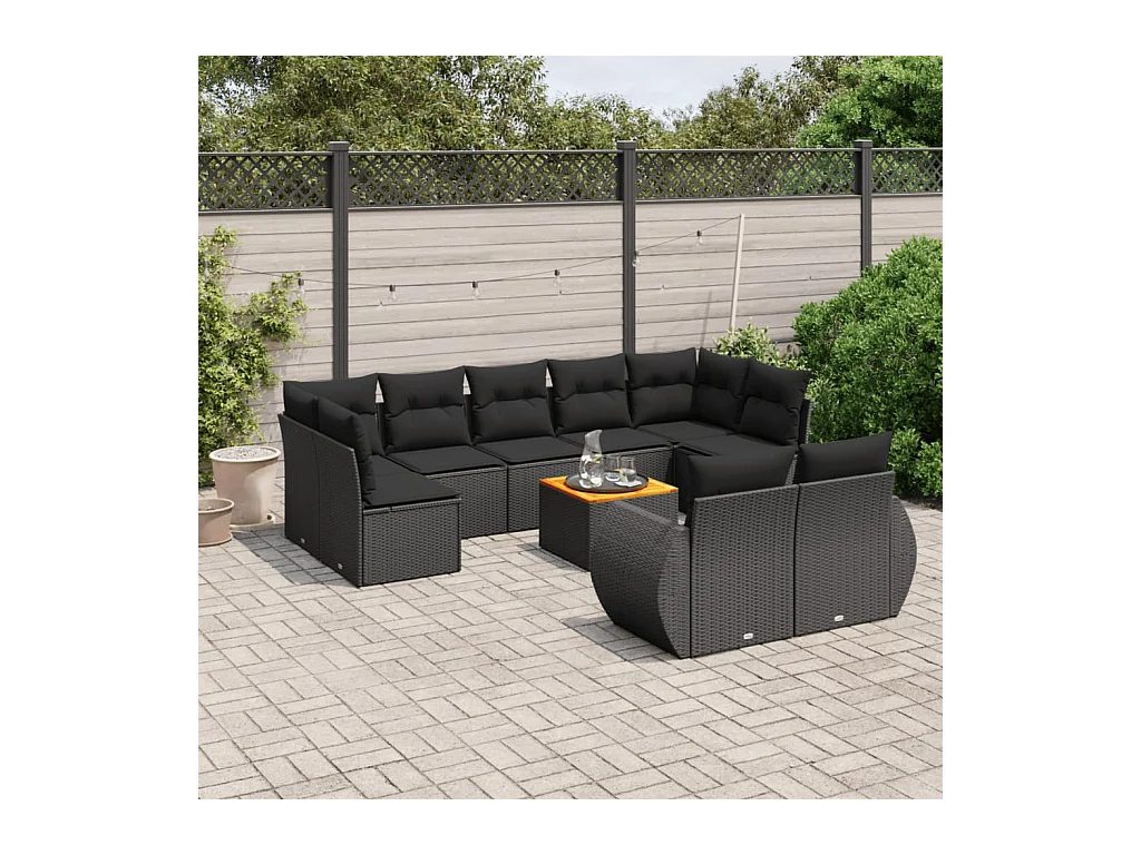 10-delige Loungeset met kussens poly rattan zwart