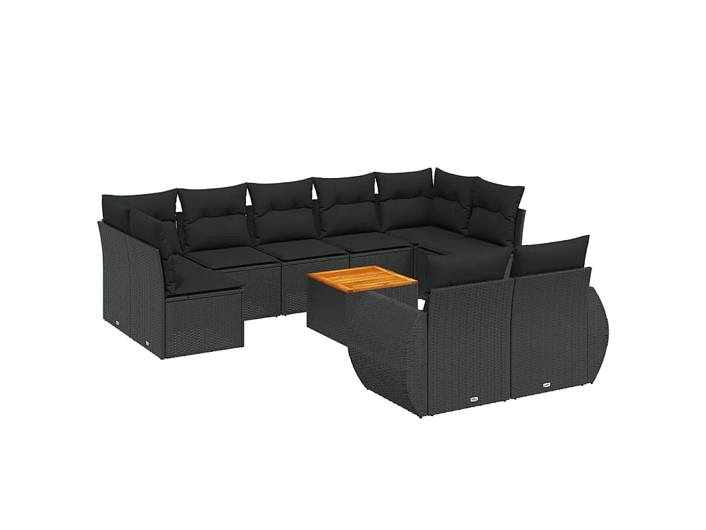 10-delige Loungeset met kussens poly rattan zwart