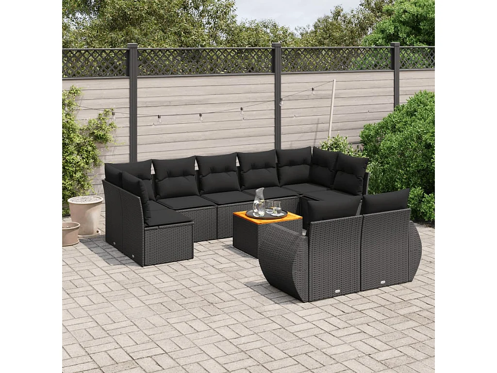 10-delige Loungeset met kussens poly rattan zwart