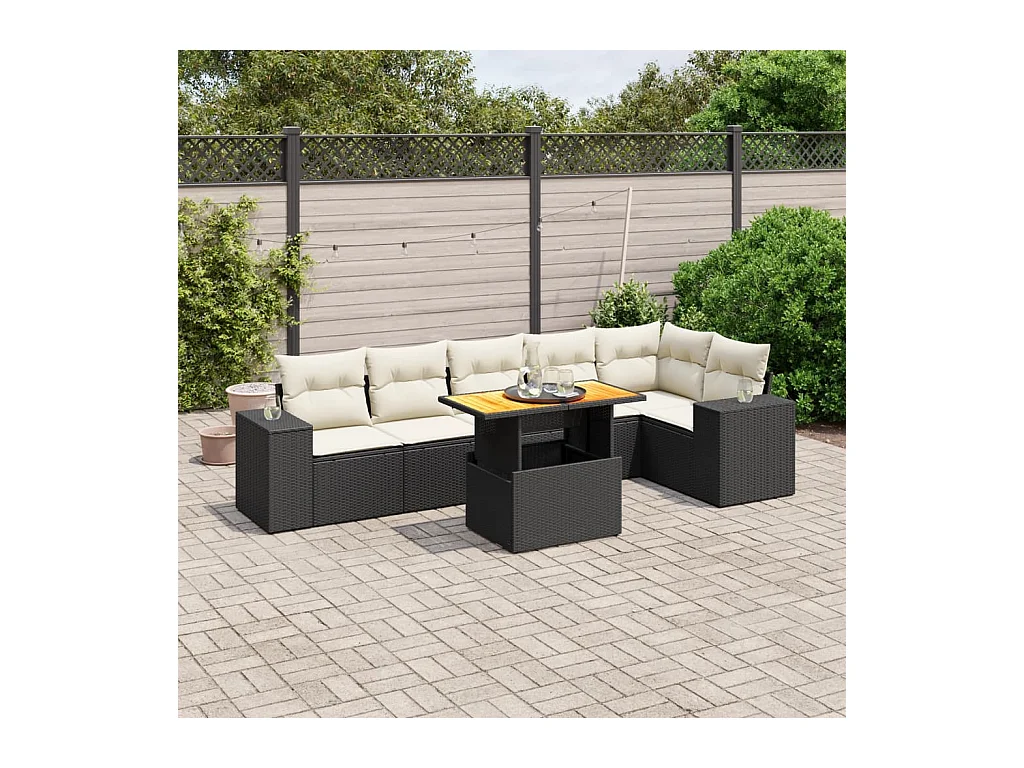 Salon de jardin 7 pcs avec coussins noir résine tressée