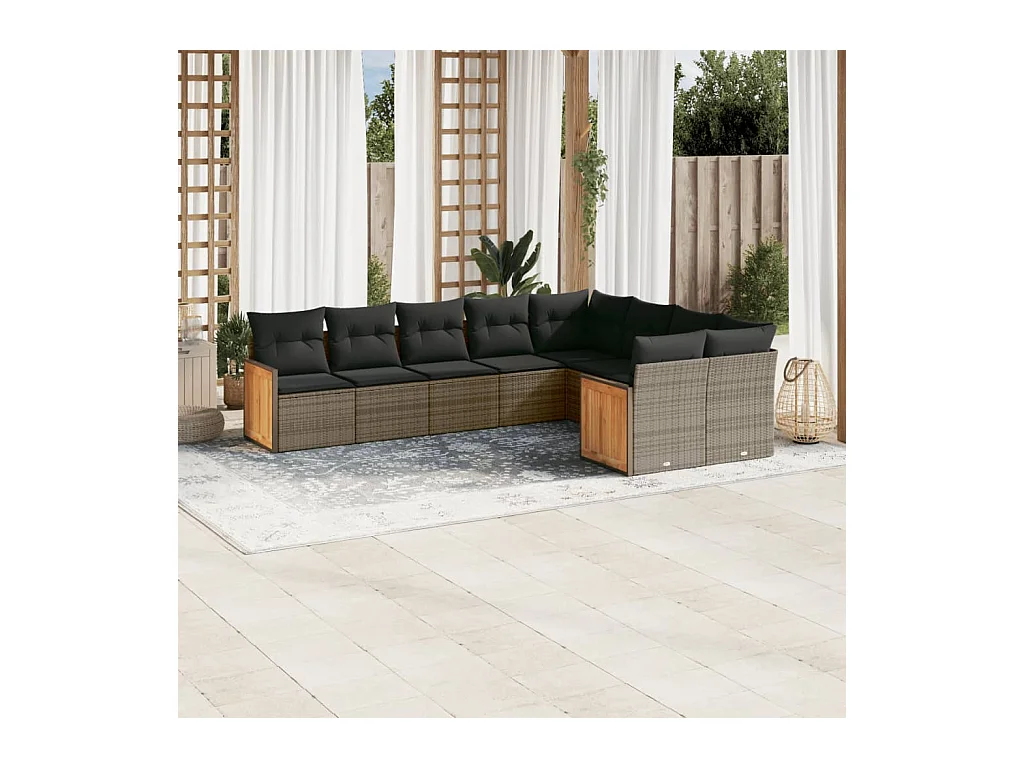 Set Divano da Giardino 9 pz con Cuscini Grigio in Polyrattan