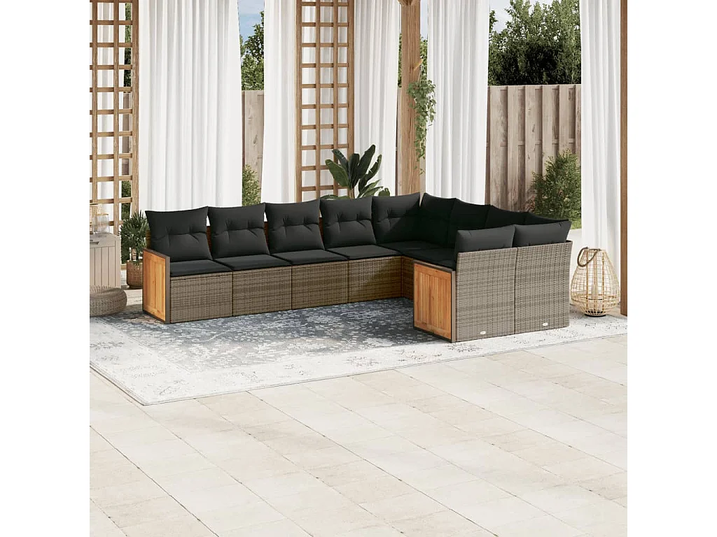 9-tlg. Garten-Sofagarnitur mit Kissen Grau Poly Rattan