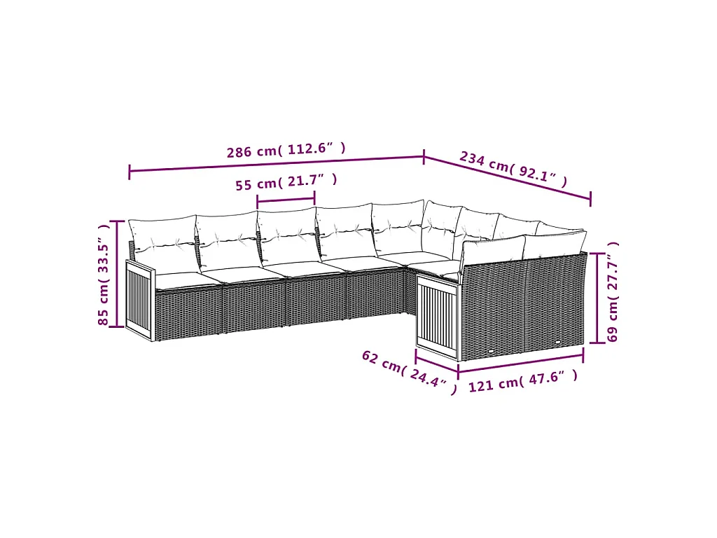 9-delige Loungeset met kussens poly rattan grijs