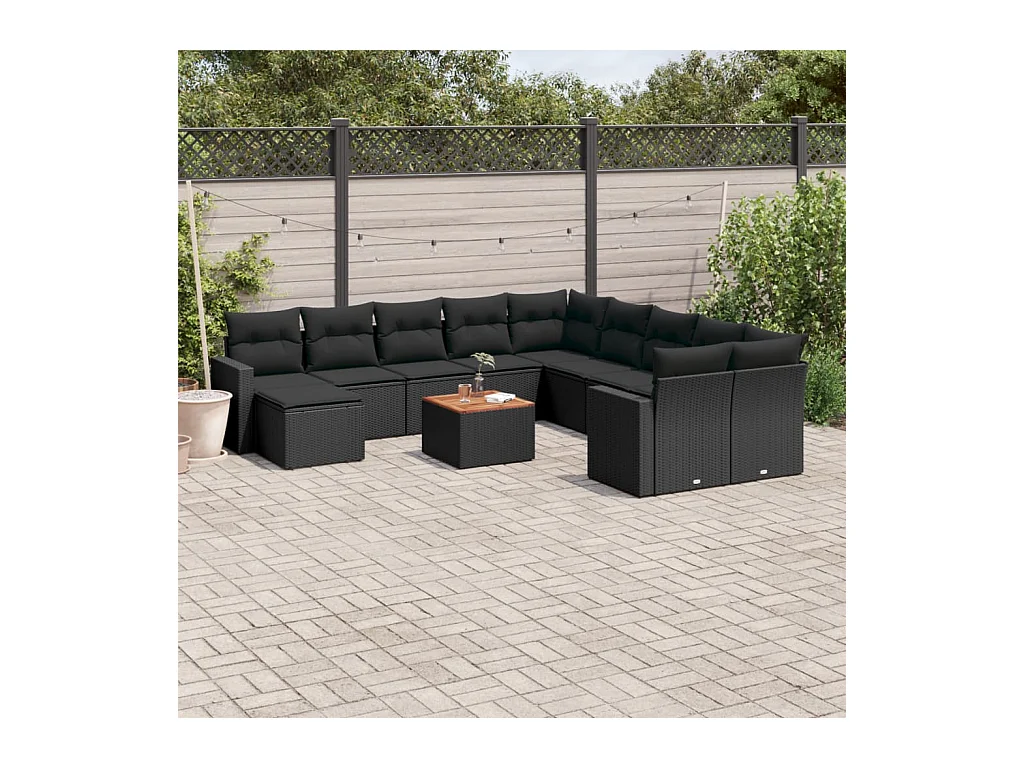 Set de sofás de jardín y cojines 12 pzas ratán sintético negro