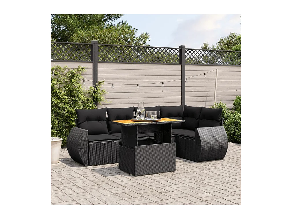 Salon de jardin 6 pcs avec coussins noir résine tressée