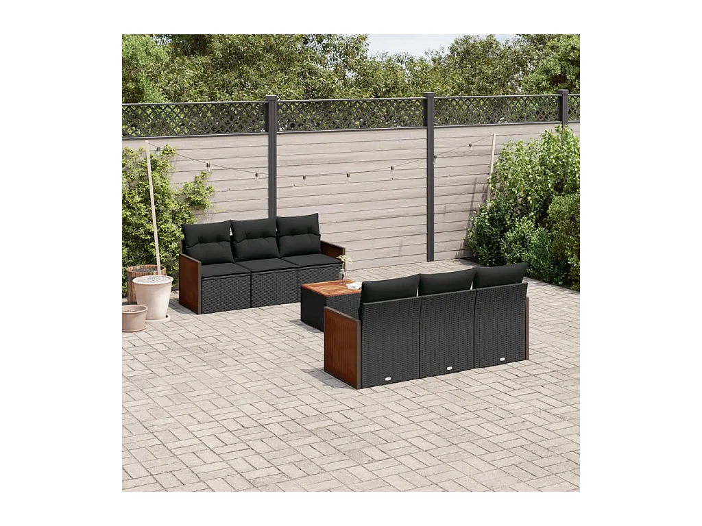 Set de comedor de jardín 7 pzas y cojines ratán sintético negro