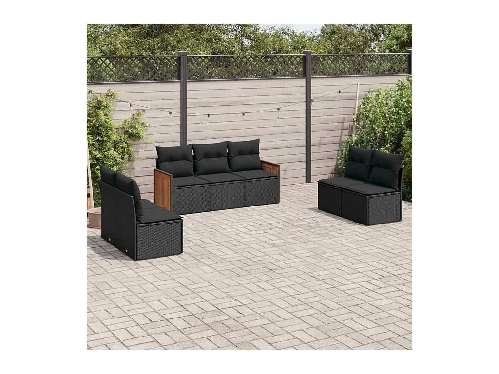 Set de comedor de jardín 7 pzas y cojines ratán sintético negro