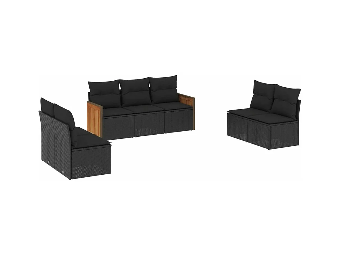 7-tlg. Garten-Sofagarnitur mit Kissen Schwarz Poly Rattan