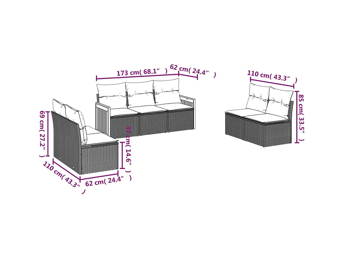 7-tlg. Garten-Sofagarnitur mit Kissen Schwarz Poly Rattan