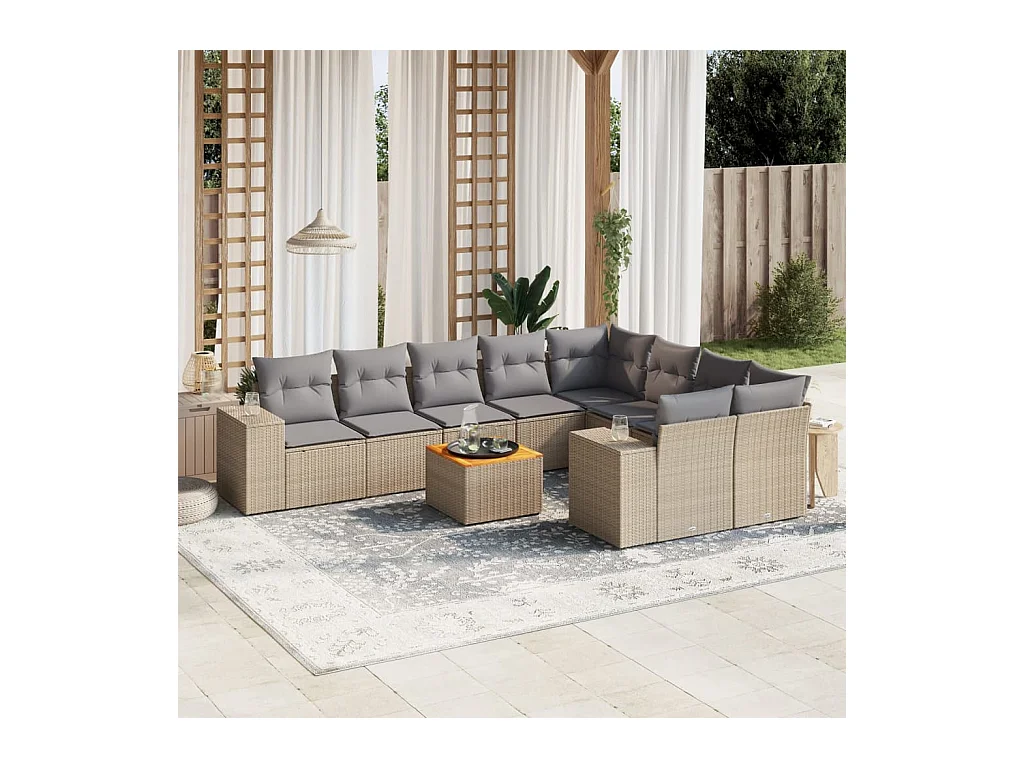 Salon de jardin avec coussins 10 pcs beige résine tressée