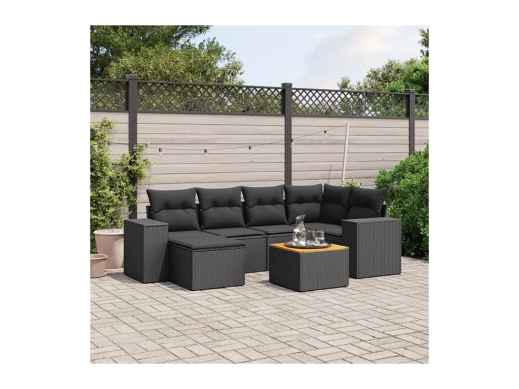 Set Divani da Giardino con Cuscini 7pz Nero Polyrattan