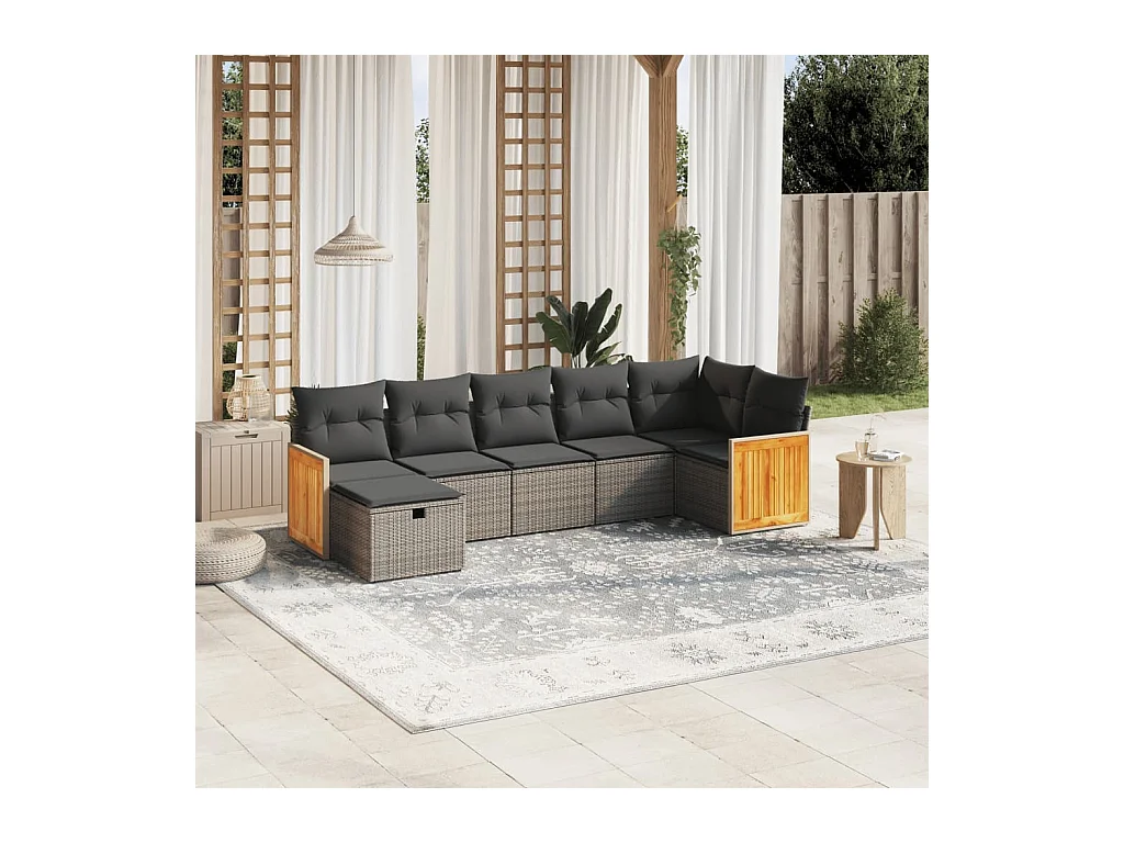 Salon de jardin avec coussins 7 pcs gris résine tressée