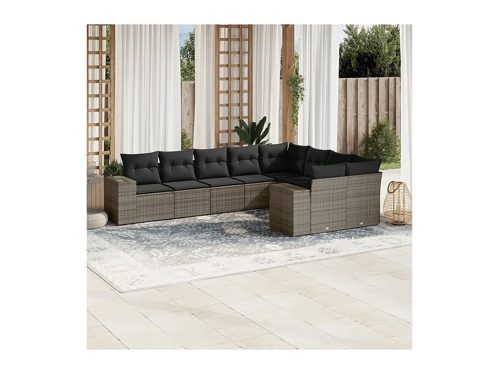 9-delige Loungeset met kussens poly rattan grijs