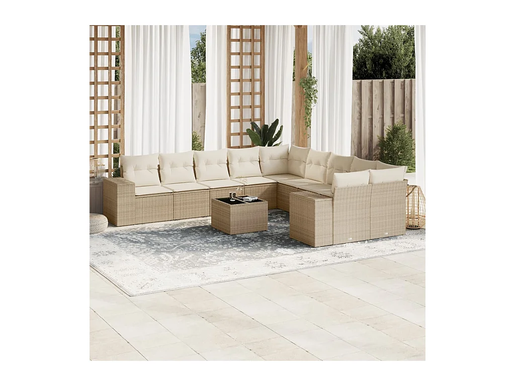 11-delige Tuinset met kussens poly rattan beige