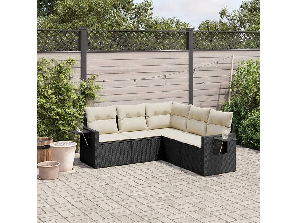Salon de jardin 5 pcs avec coussins noir résine tressée
