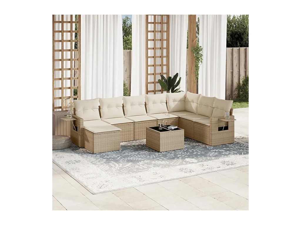 Salon de jardin avec coussins 9 pcs beige résine tressée