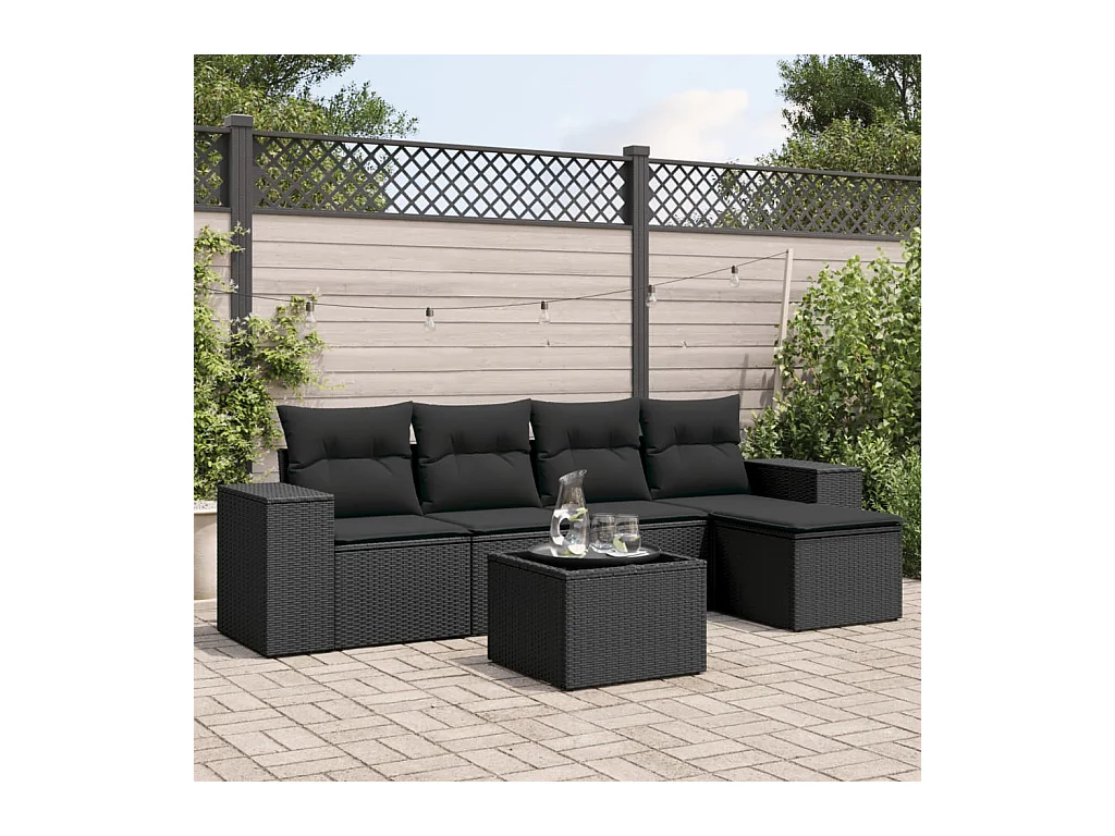 Salon de jardin 6 pcs avec coussins noir résine tressée