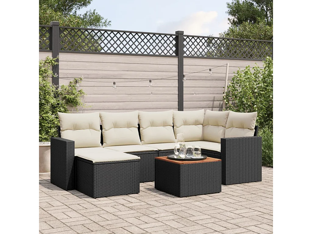 7-tlg. Garten-Sofagarnitur mit Kissen Schwarz Poly Rattan