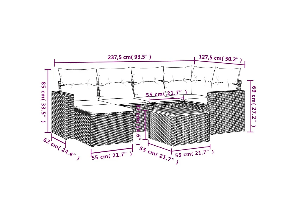 7-tlg. Garten-Sofagarnitur mit Kissen Schwarz Poly Rattan