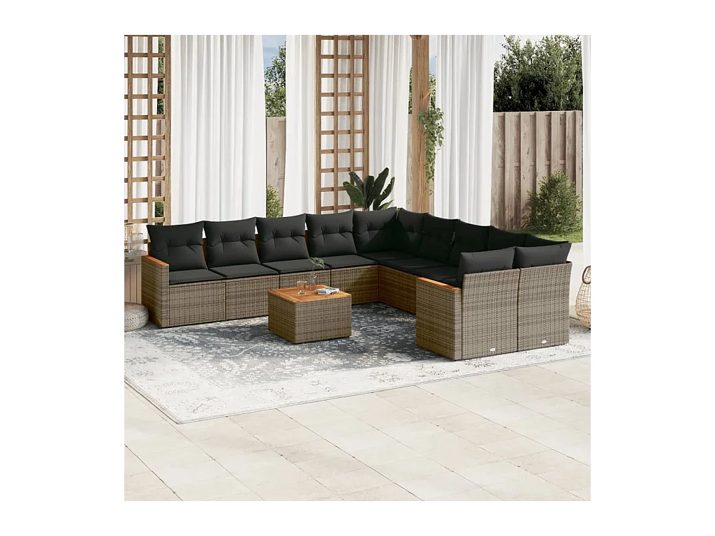 Salon de jardin 11 pcs avec coussins gris résine tressée