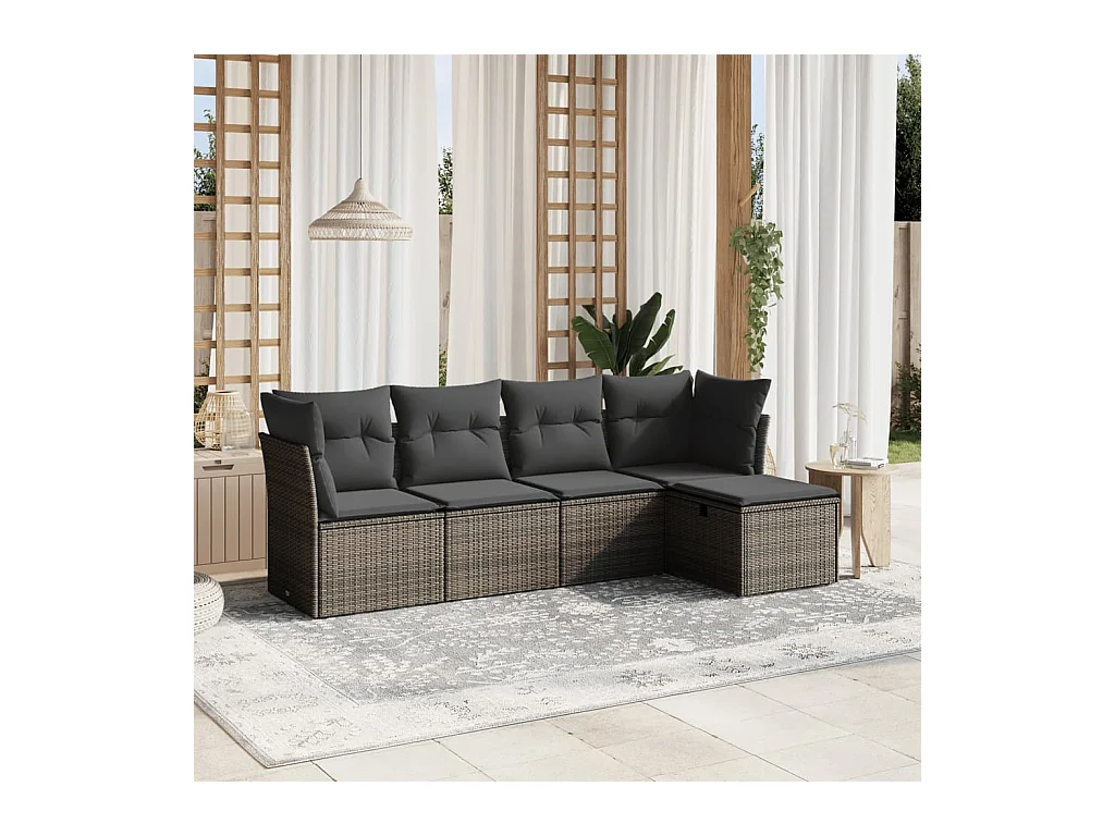 5-delige Loungeset met kussens poly rattan grijs