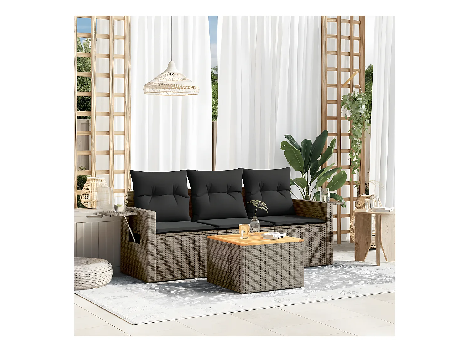 Salon de jardin 4 pcs avec coussins gris résine tressée