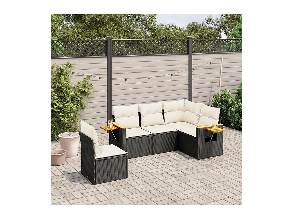 Salon de jardin 5 pcs avec coussins noir résine tressée