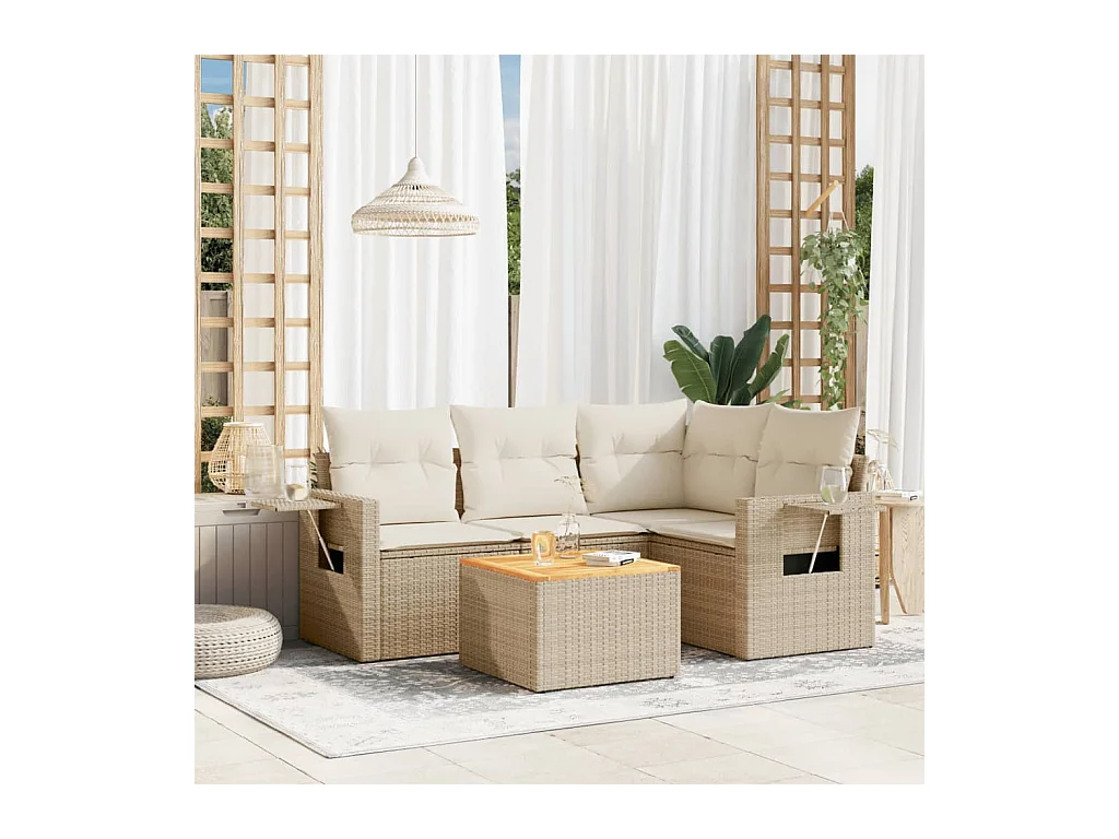 Salon de jardin avec coussins 5 pcs beige résine tressée