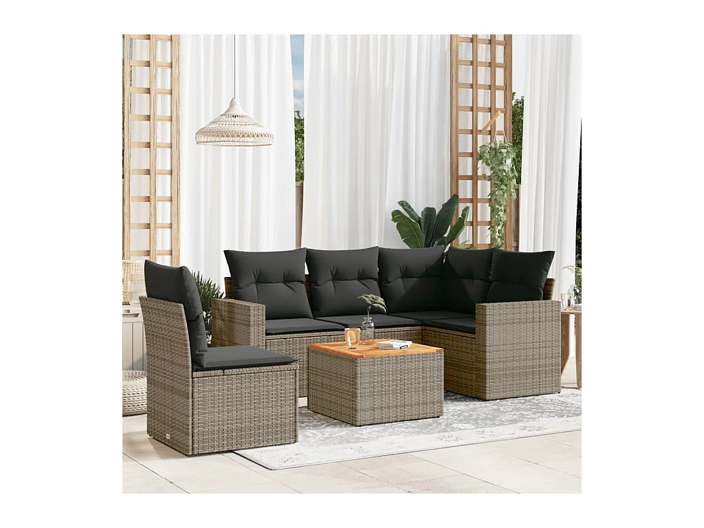 6-delige Loungeset met kussens poly rattan grijs
