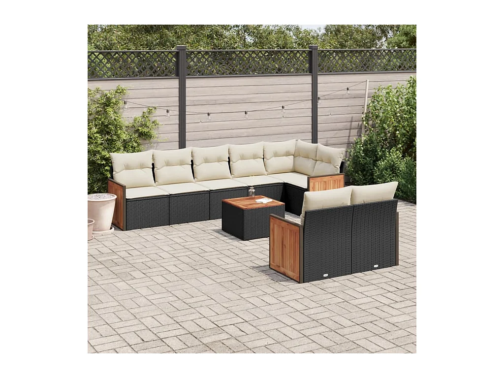 9-tlg. Garten-Sofagarnitur mit Kissen Schwarz Poly Rattan