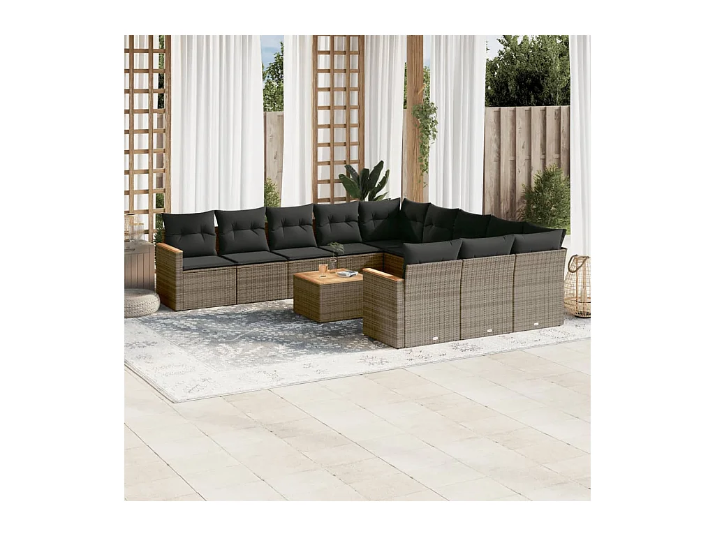 Salon de jardin avec coussins 12 pcs gris résine tressée
