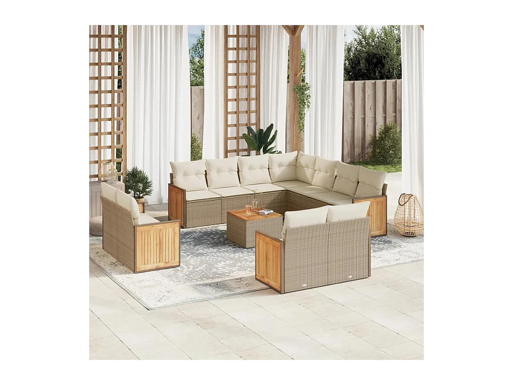 12-tlg. Garten-Sofagarnitur mit Kissen Beige Poly Rattan