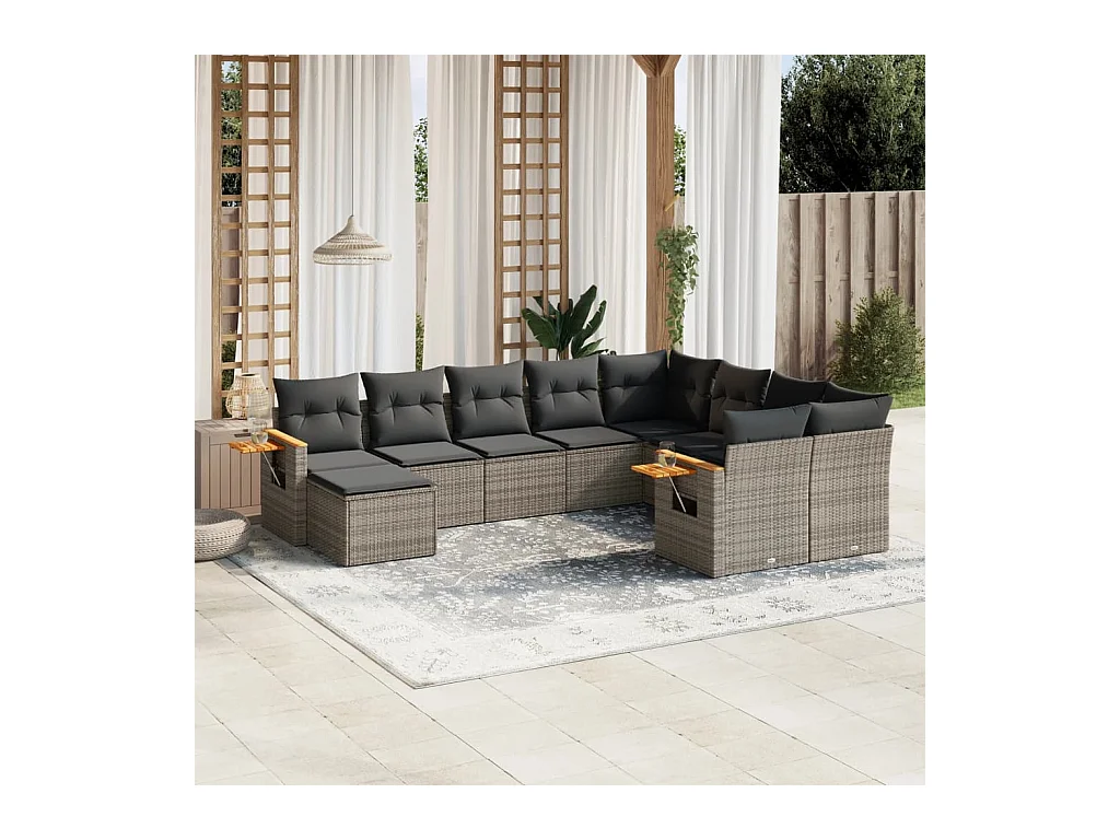 Salon de jardin avec coussins 10 pcs gris résine tressée