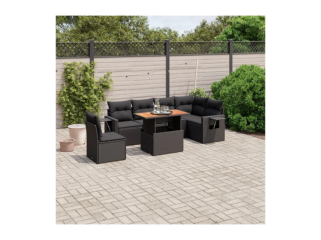 Salon de jardin 7 pcs avec coussins noir résine tressée