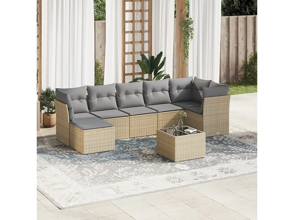 8-tlg. Garten-Sofagarnitur mit Kissen Beige Poly Rattan