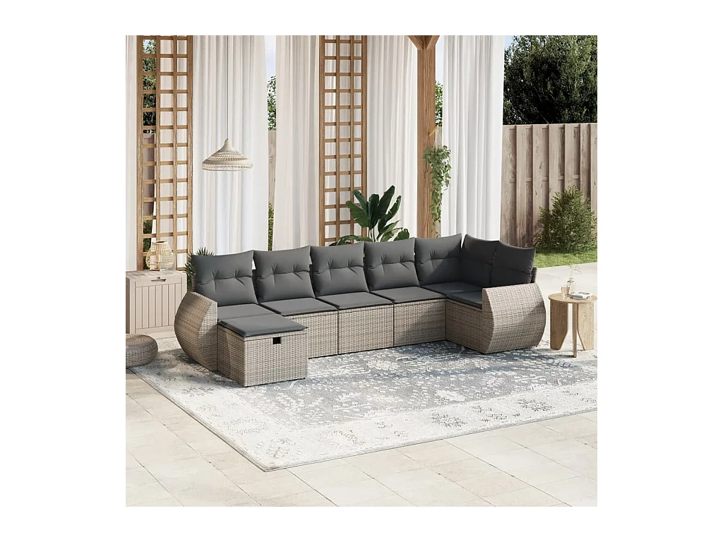 7-delige Loungeset met kussens poly rattan grijs