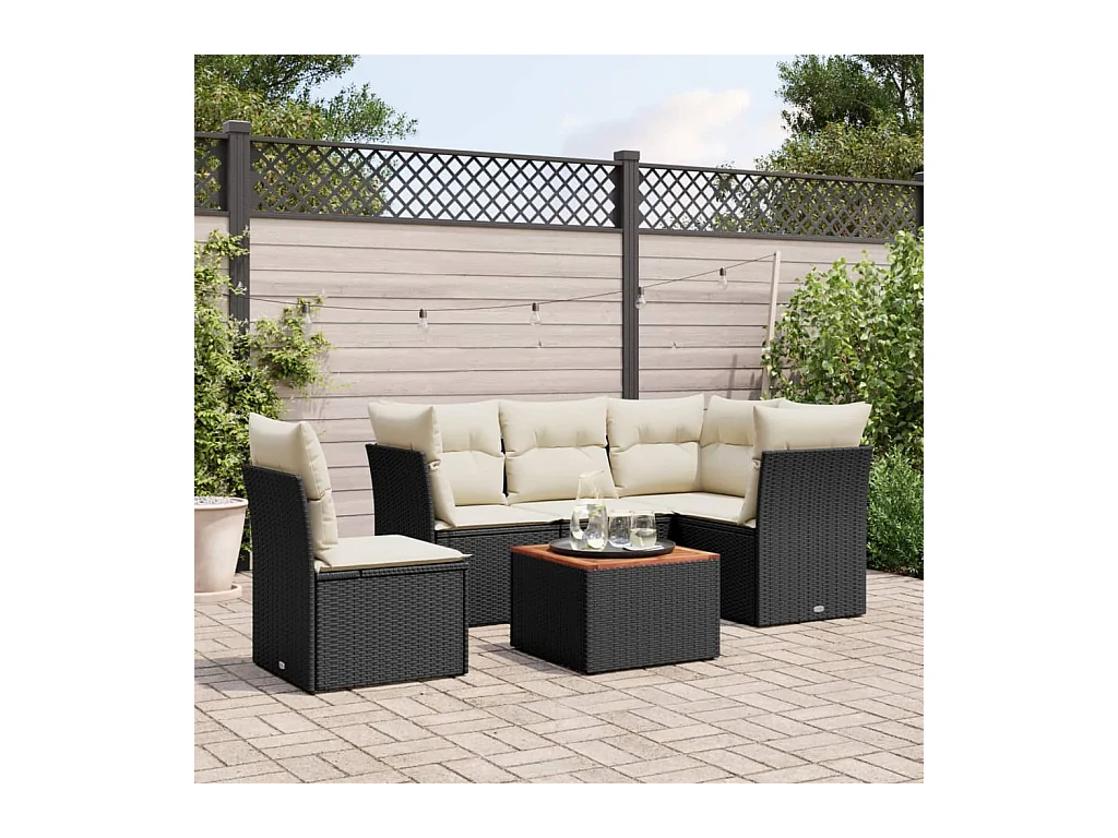 Salon de jardin 6 pcs avec coussins noir résine tressée