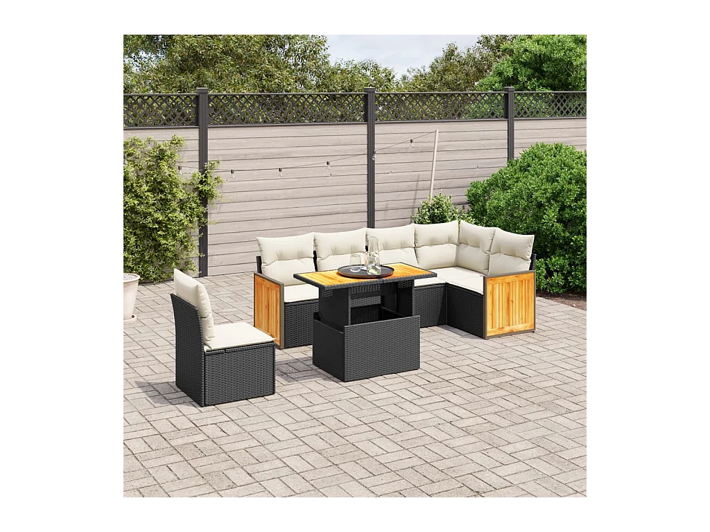 7-delige Loungeset met kussens poly rattan zwart