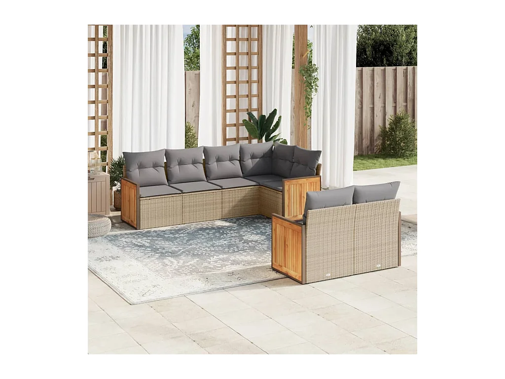 Set Divani da Giardino 7 pz con Cuscini Beige in Polyrattan