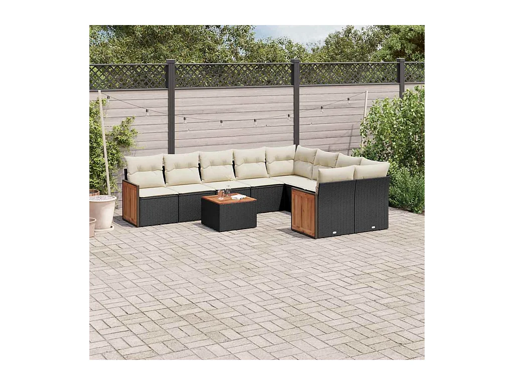 10-delige Loungeset met kussens poly rattan zwart